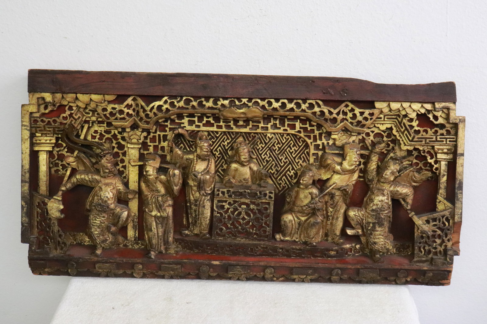 Chinese antique carved and painted wood panel (1 of 7)