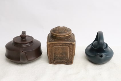 2 Yixing teapots, and a Yixing tea caddy
