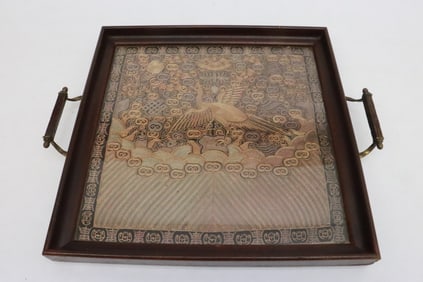 Chinese antique rank patch mounted in serving tray