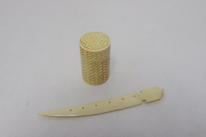 2 bone carved articles; a letter opener, & a small box