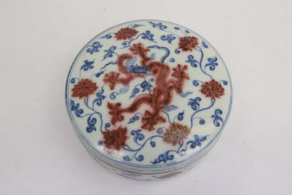 Chinese blue, red and white porcelain covered box
