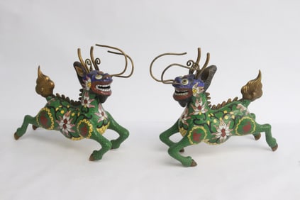 Pair Chinese cloisonne enamel fulions