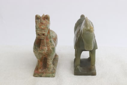 2 jade like stone carved horses