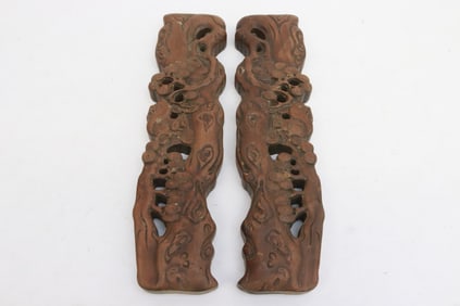 Pair wood carved scroll weights