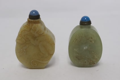 2 jade like stone carved snuff bottles
