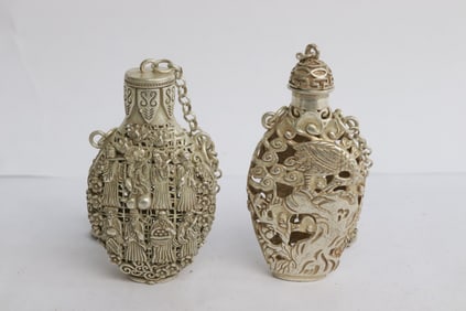 2 white metal scent bottles