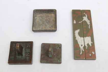 2 bronze seals, and pair bronze scroll weights