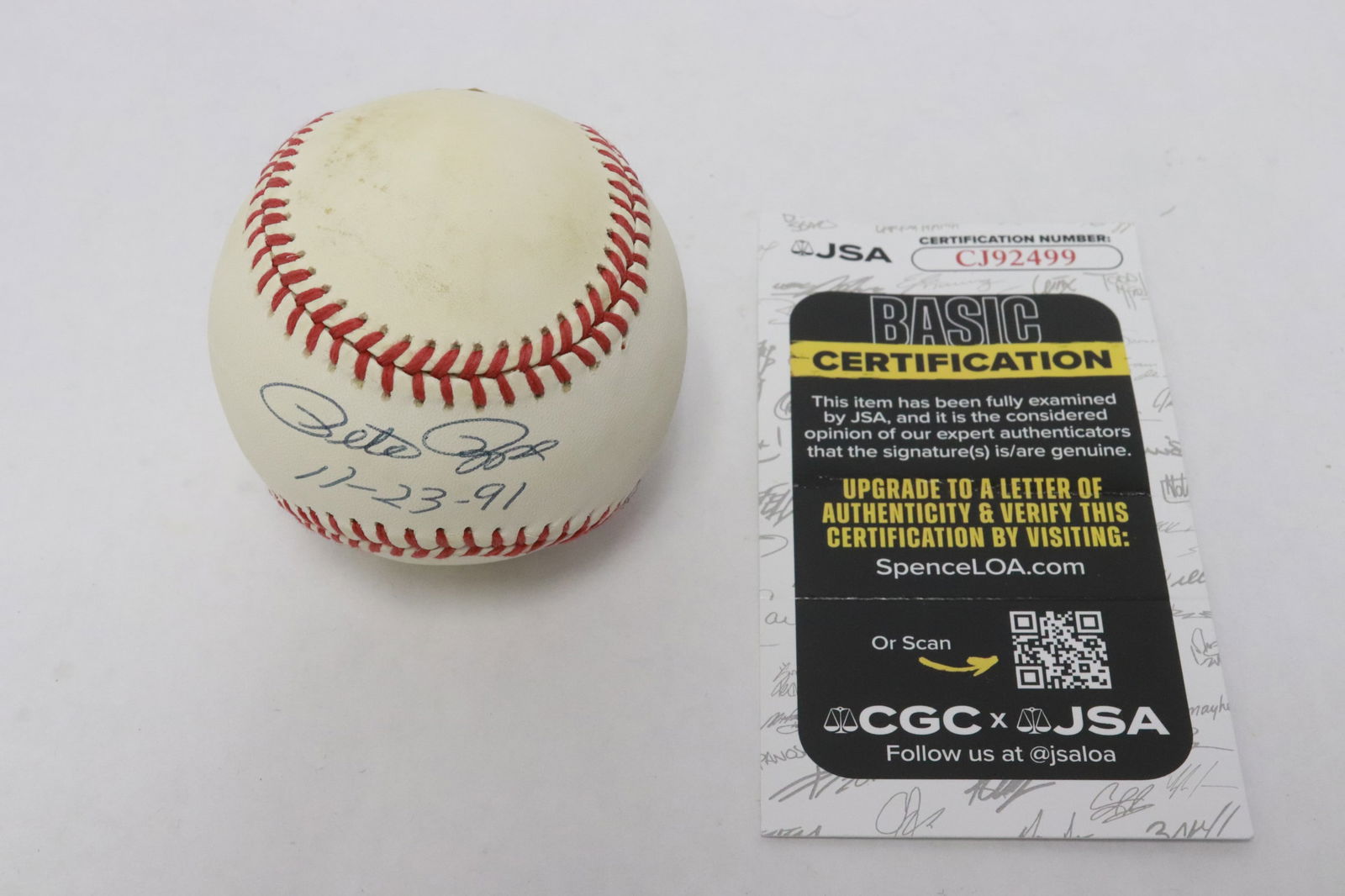 Pete Rose signed baseball, dated, w/ certificate