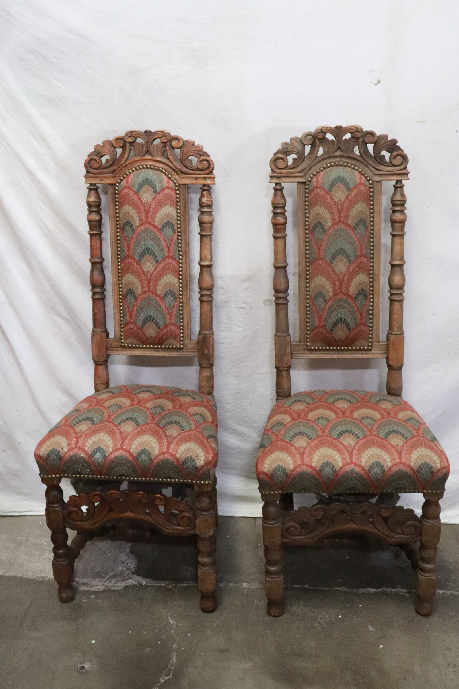 Pair Italian 18th/19th century carved side chairs: Pair Italian 18th/19th century carved side chairs, 48"x18.5"x19.5" ea
