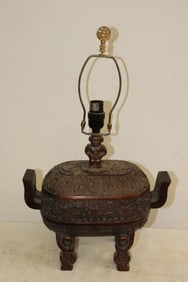 Chinese wood like carved covered censer, made as a lamp
