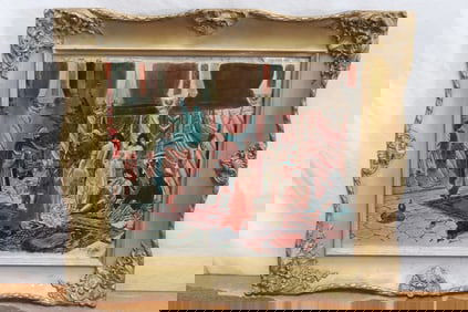 Persian mixed media painting on metal panel, signed