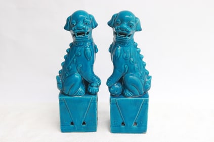 Pair Chinese vintage blue glazed porcelain fulions