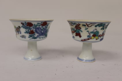 Pair Chinese doucai porcelain stem tea cups