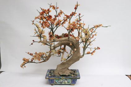 Large jade like tree with cloisonne planter