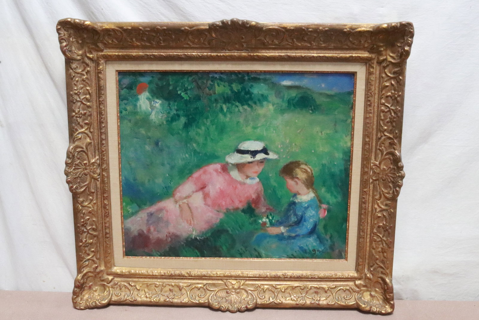 Oil on canvas "mother and daughter" w/ giltwood frame: Oil on canvas "mother and daughter" (17.5"x21") with giltwood frame (26.8"x30.4"x3.3")