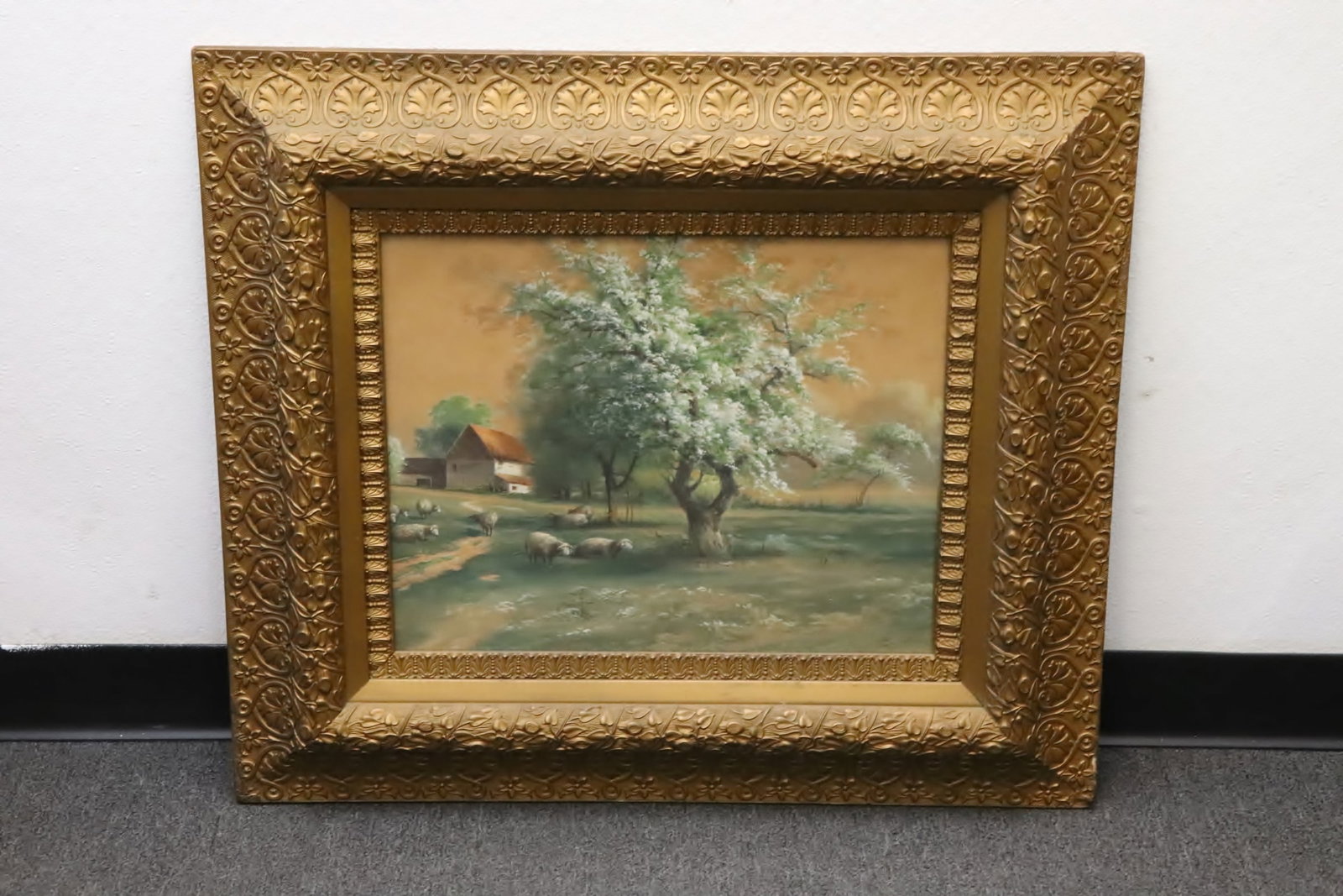 19th c. watercolor with original gilt frame, signed: 19th century watercolor with original gilt frame, depicting country scene with sheep, signed, 15.6"x19.65" (F:27.8"x31.8"x2.2")