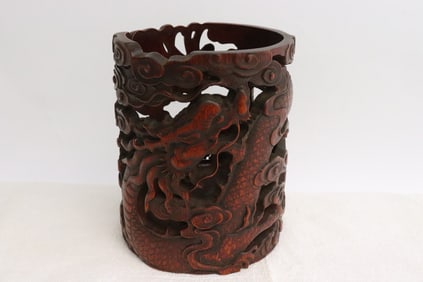 Bamboo carved brush holder in reticulated style