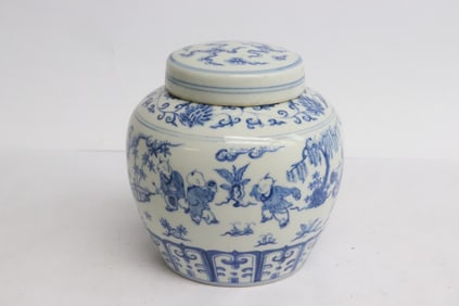 Chinese blue & white porcelain covered tea caddy