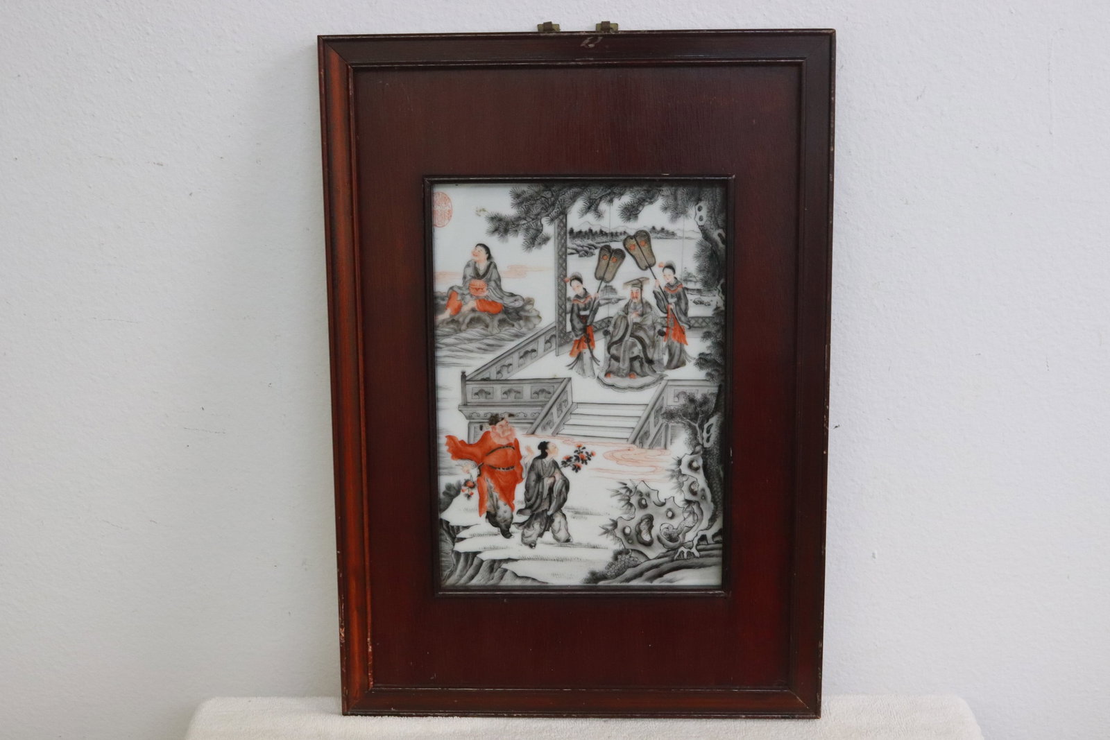 Chinese framed famille rose porcelain plaque: Chinese framed famille rose porcelain plaque depicting fairy tale scene, 11.65"x8.1" (F:19.65"x14"x0.9")