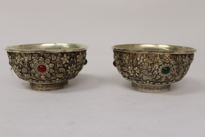 2 elaborate decorated white bronze bowls