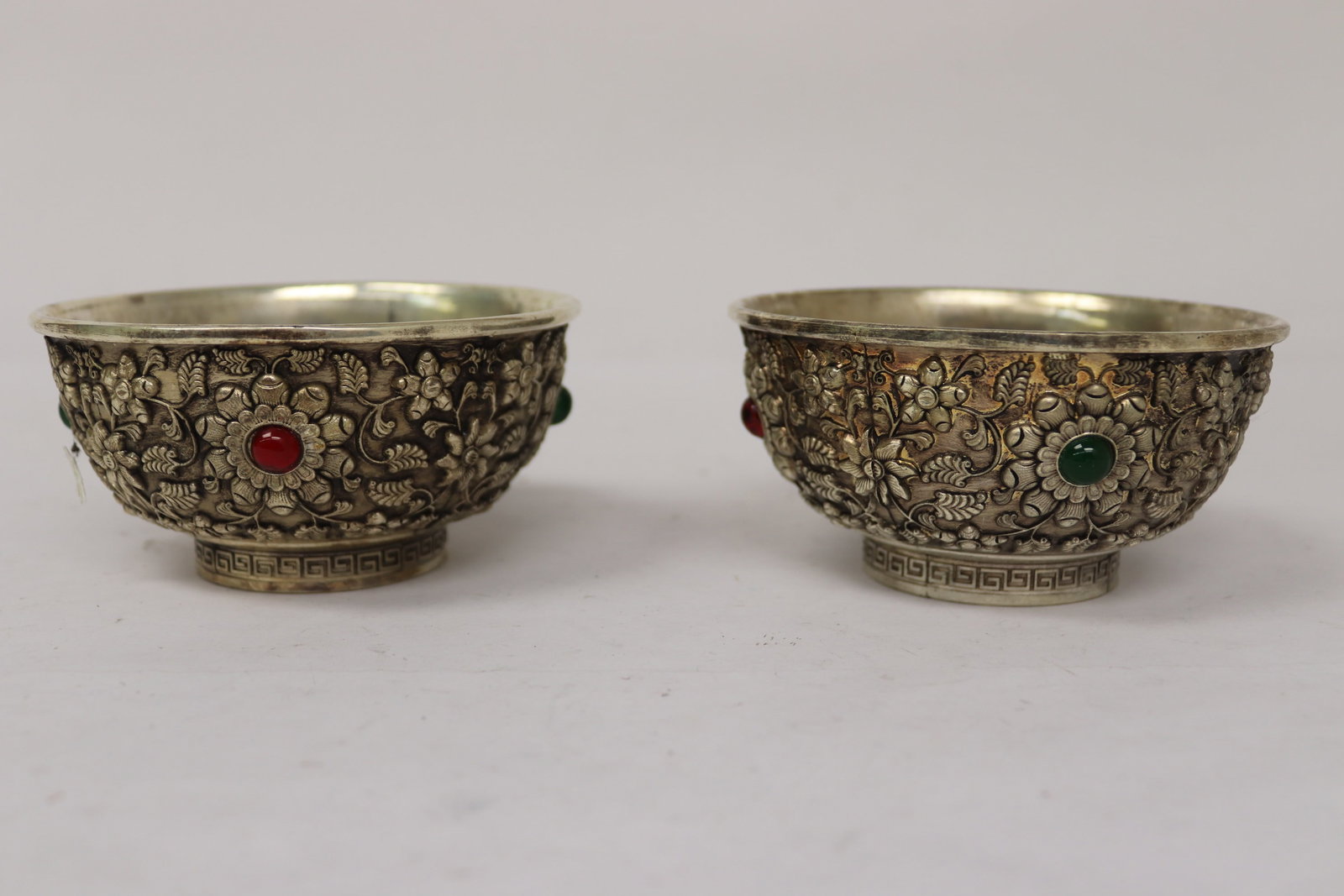 2 elaborate decorated white bronze bowls: 2 elaborate decorated white bronze bowls, 2.35"x4.7"dia ea