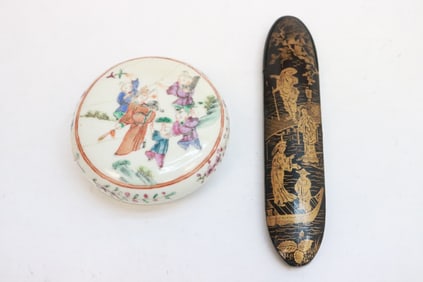 famille rose box, & an antique lacquer eye glasses case