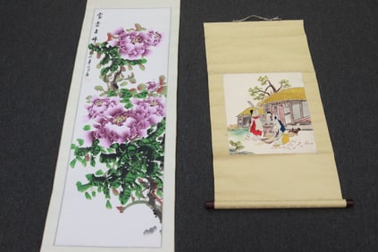 Chinese w/c scroll, and a Korean embroidery scroll