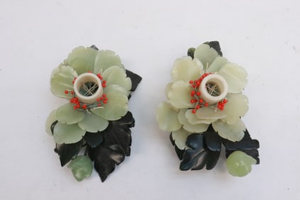 Pair candle holders with jade like stone decoration