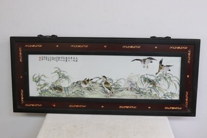 Large Chinese framed famille rose porcelain plaque