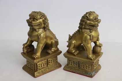 Pair Chinese gilt metal fulions