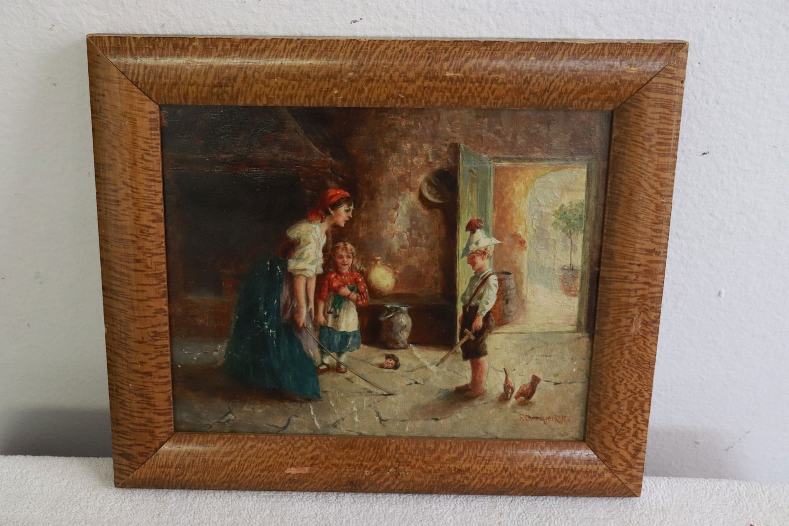 Antique European oil on canvas painting, signed: Antique European oil on canvas painting "genre scene", signed, 7.9"x9.8" (F:10.9"x12.8"x1")