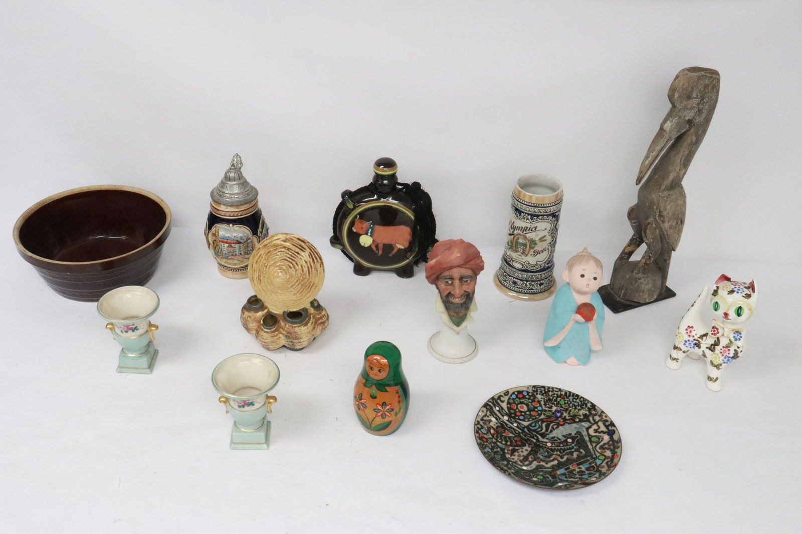 Lot of misc. porcelain beer stein, wood carving (1 of 9)