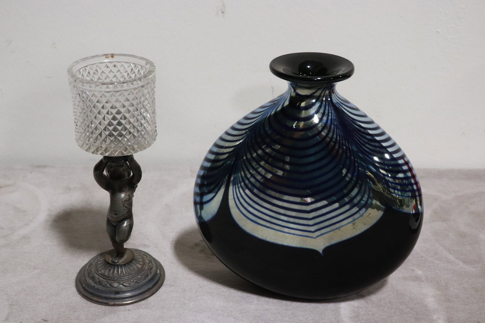 Pairpoint crystal candle holder, & a signed art glass vase (1 of 9)