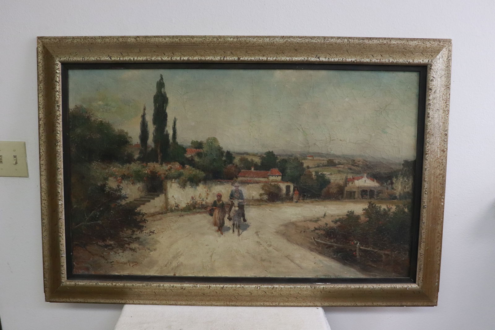 Antique oil on canvas painting, signed: Antique oil on canvas painting "walk to market, Barcelona", signed, paint worn, 23.6"x39.2" (F:31"x46.7"x1.8")
