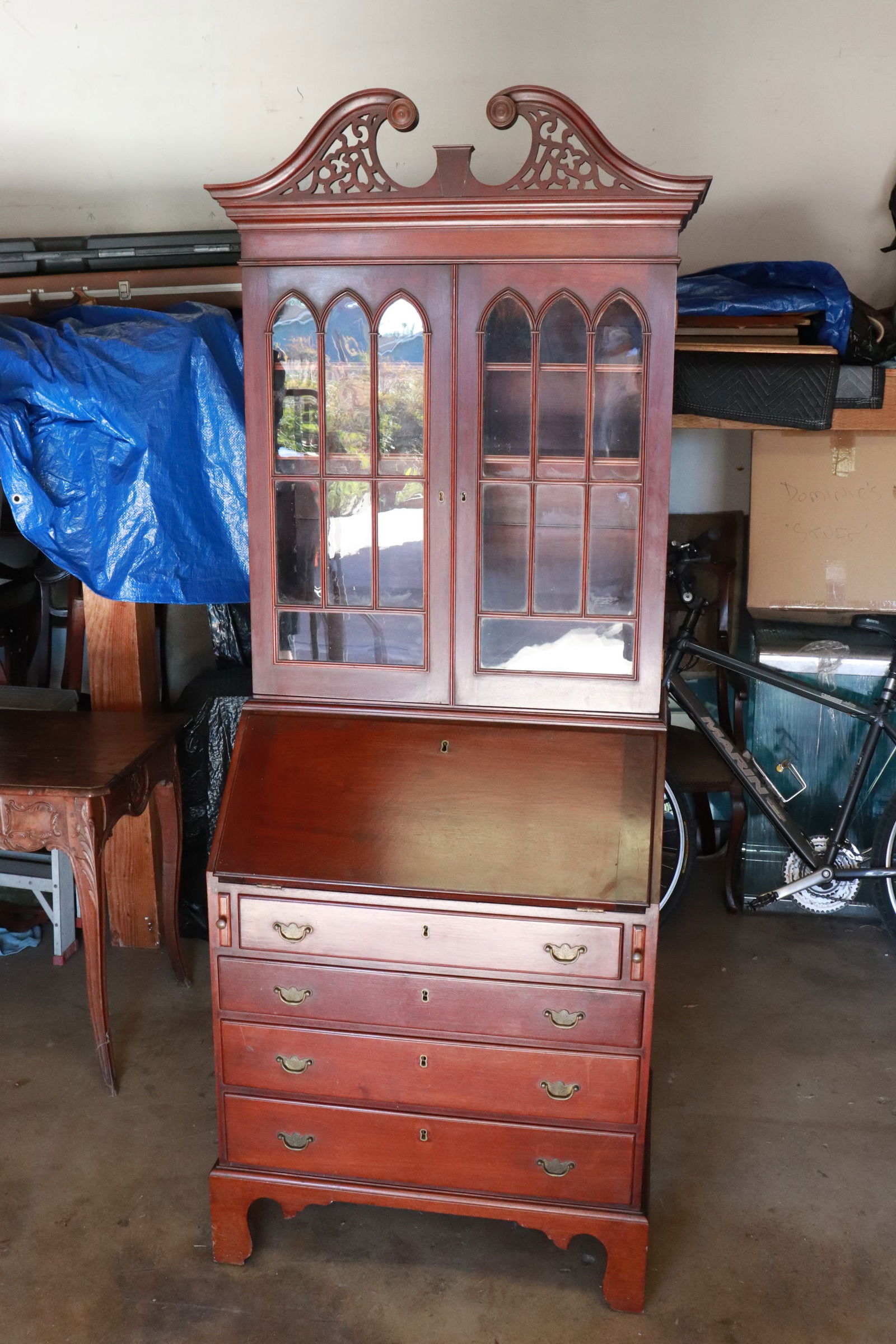 Fine mahogany Sheraton style secretary desk: Fine mahogany Sheraton style secretary desk, 190"x72"x18"