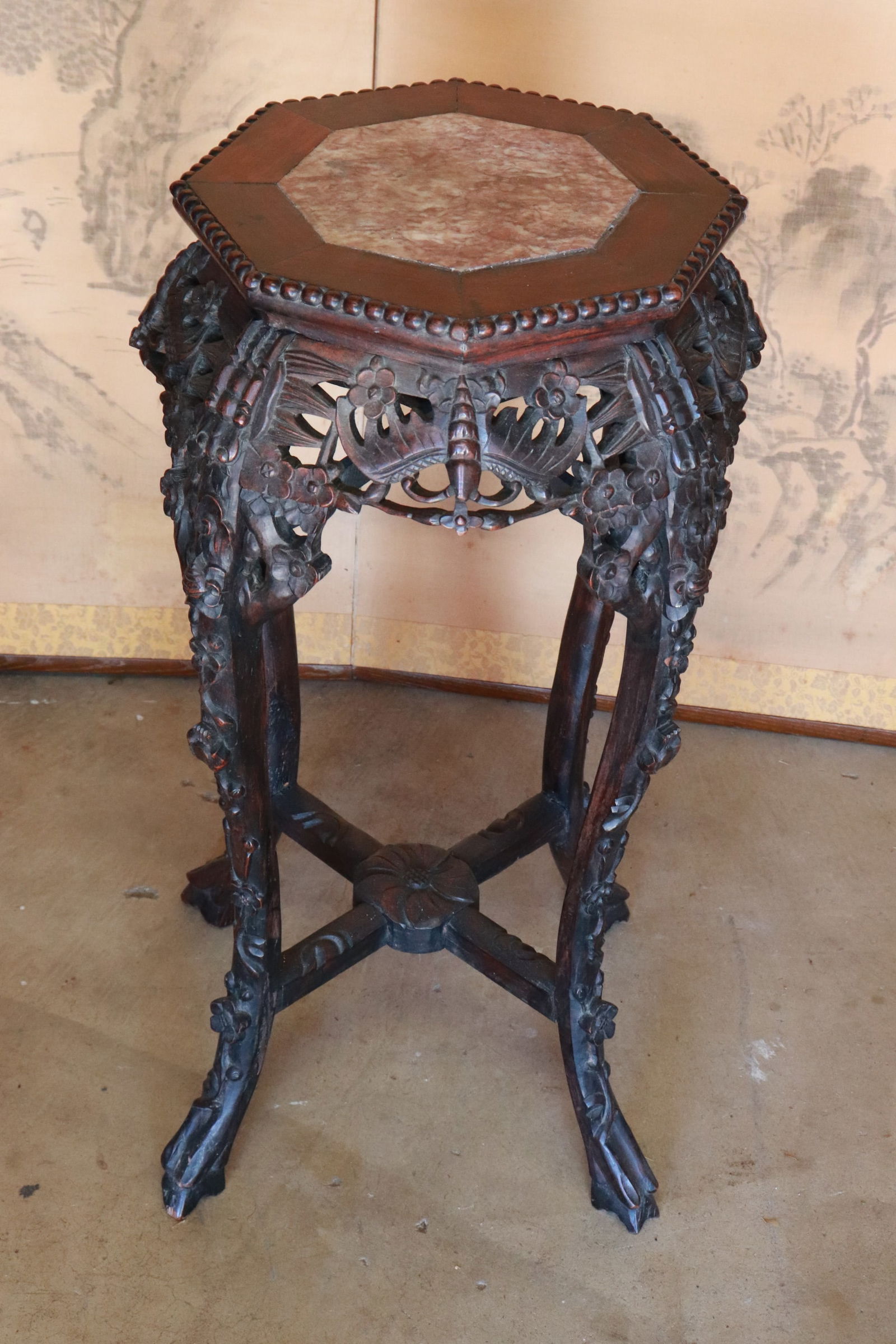 Chinese antique marble top rosewood pedestal stand: Chinese antique marble top rosewood octagonal pedestal stand, 27.5"x15.5"x15.5"