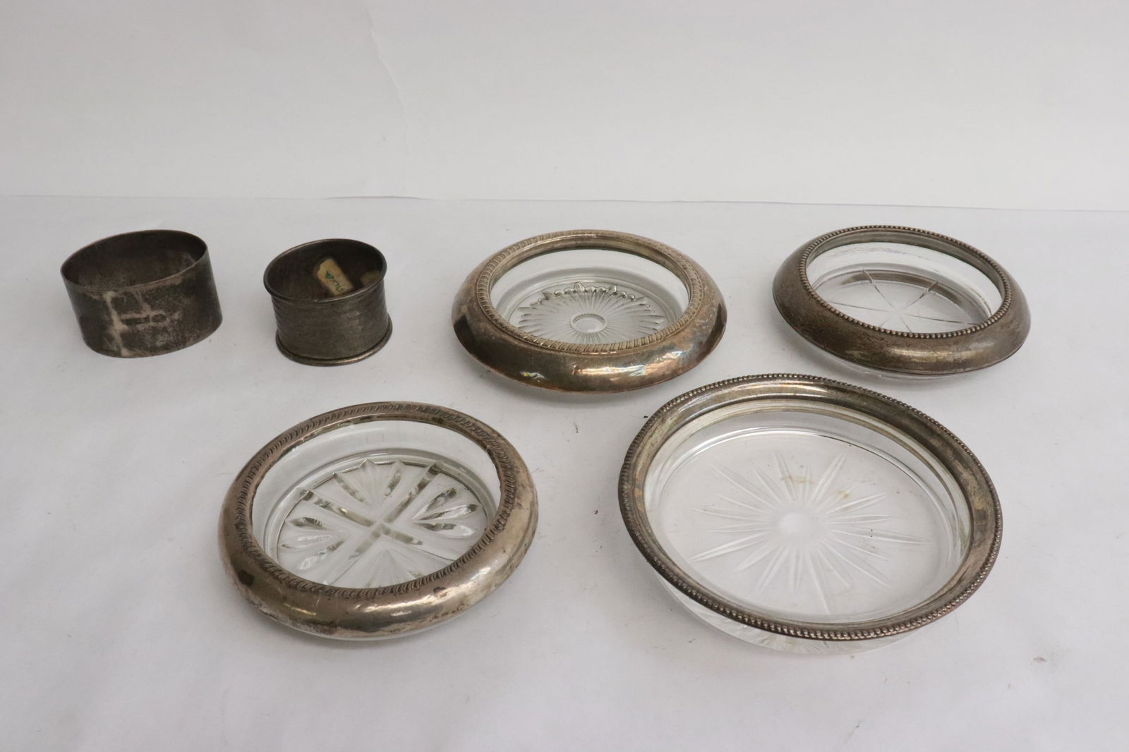 4 silver rimmed dishes, & 2 English sterling napkin holders (1 of 7)