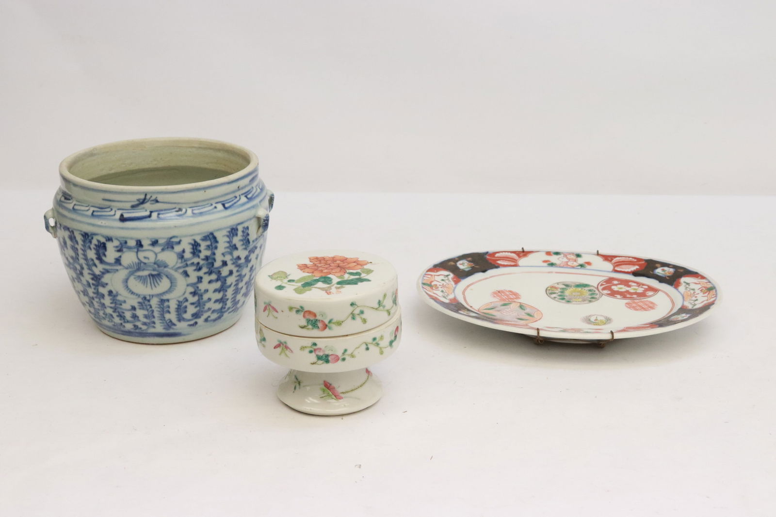 antique b&w jar, famille rose covered box, & an imari plate (1 of 12)