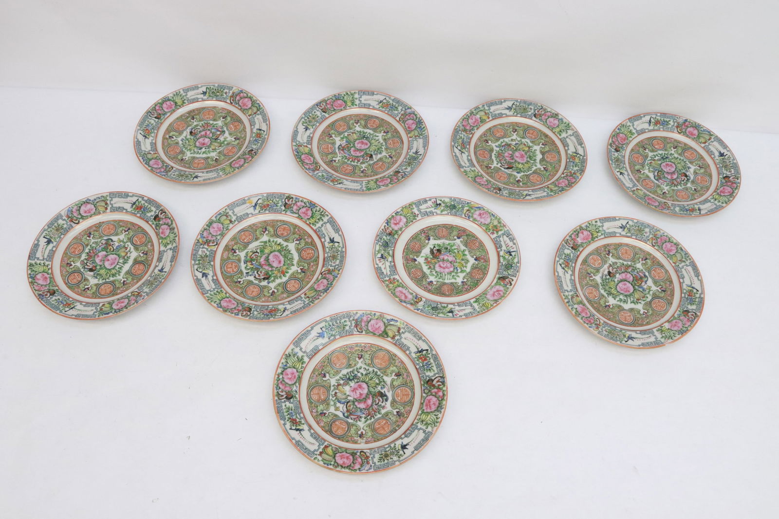 9 very fine 19th century rose canton plates: 9 very fine 19th century rose canton plates in fine condition, 1.1"x8.35"dia ea