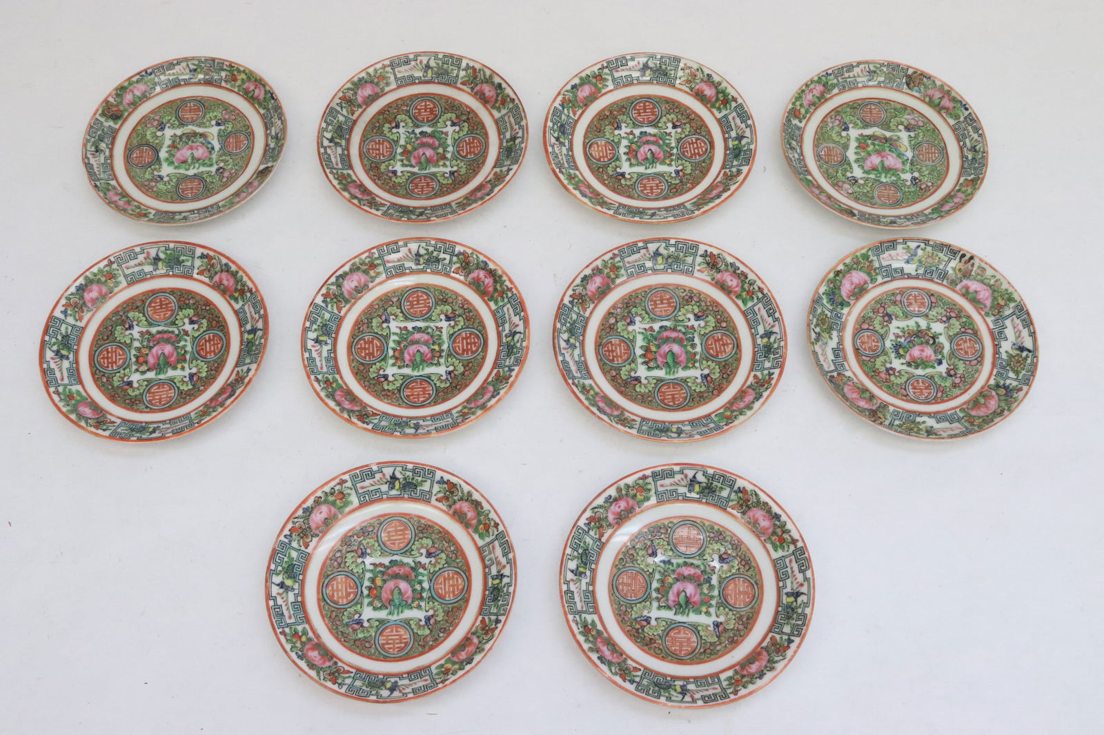 10 Chinese 19th century fine rose canton plates: 10 Chinese 19th century fine rose canton plates, 0.85"x5.5"dia ea