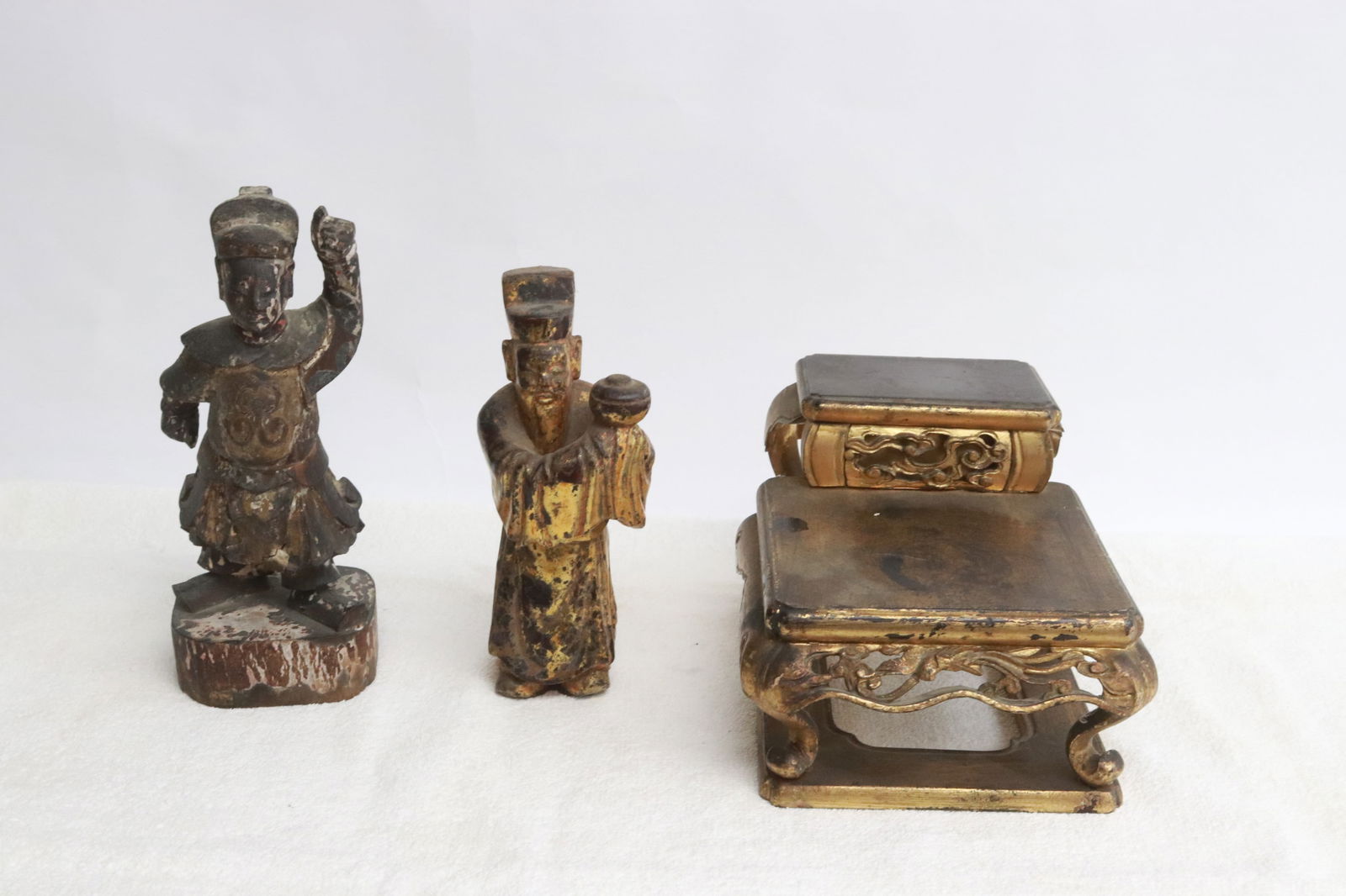 2 Chinese wood carved deities on stand (1 of 10)