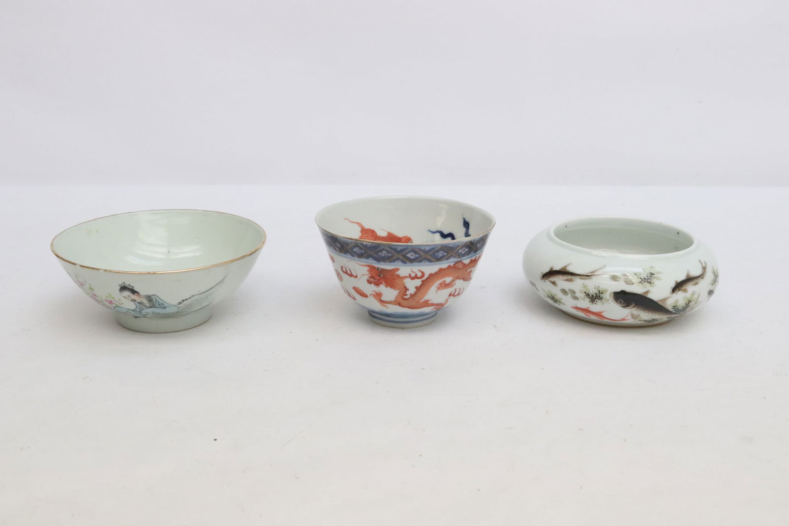 famille rose brush wash, & 2 vintage famille rose bowls: 3 pieces; famille rose brush wash (1.9"x4.85"dia), and 2 vintage famille rose bowls (2"x5"dia, 2.5"x4.2"dia)