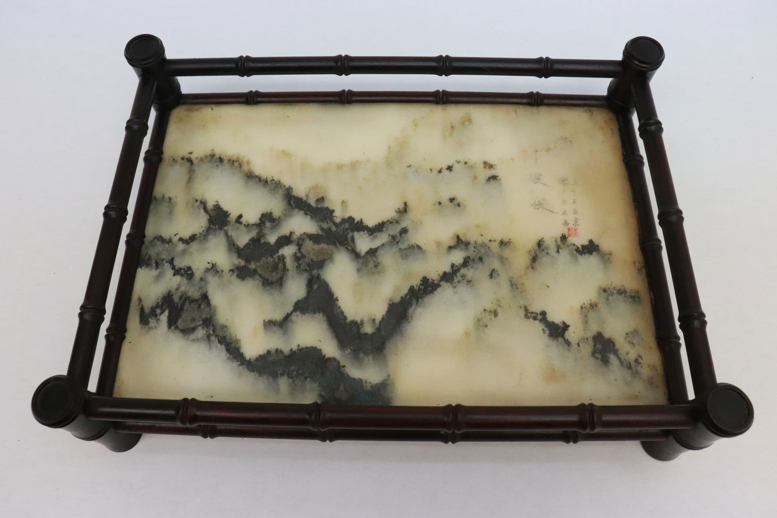 Chinese antique zitan wood tray w/ signed marble plaque: An important Chinese antique zitan wood scholar stationary tray with marble plaque signed with seal mark, 3.6"x14.65"x10.65"