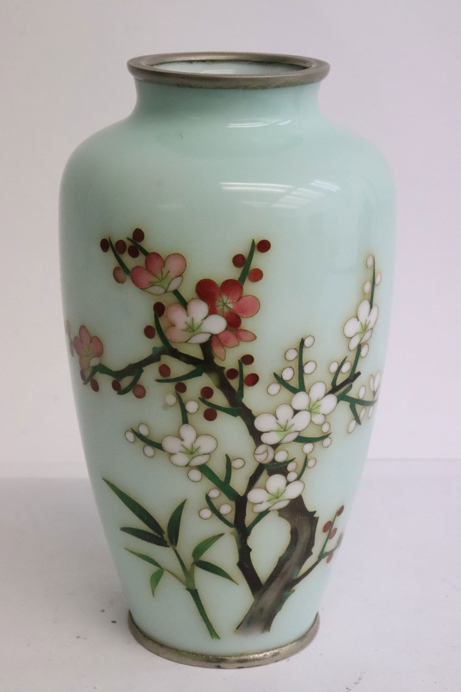 19th century Japanese cloisonne vase: 19th century Japanese cloisonne vase, very small chip on bottom edge, 6.2"x3.5"dia