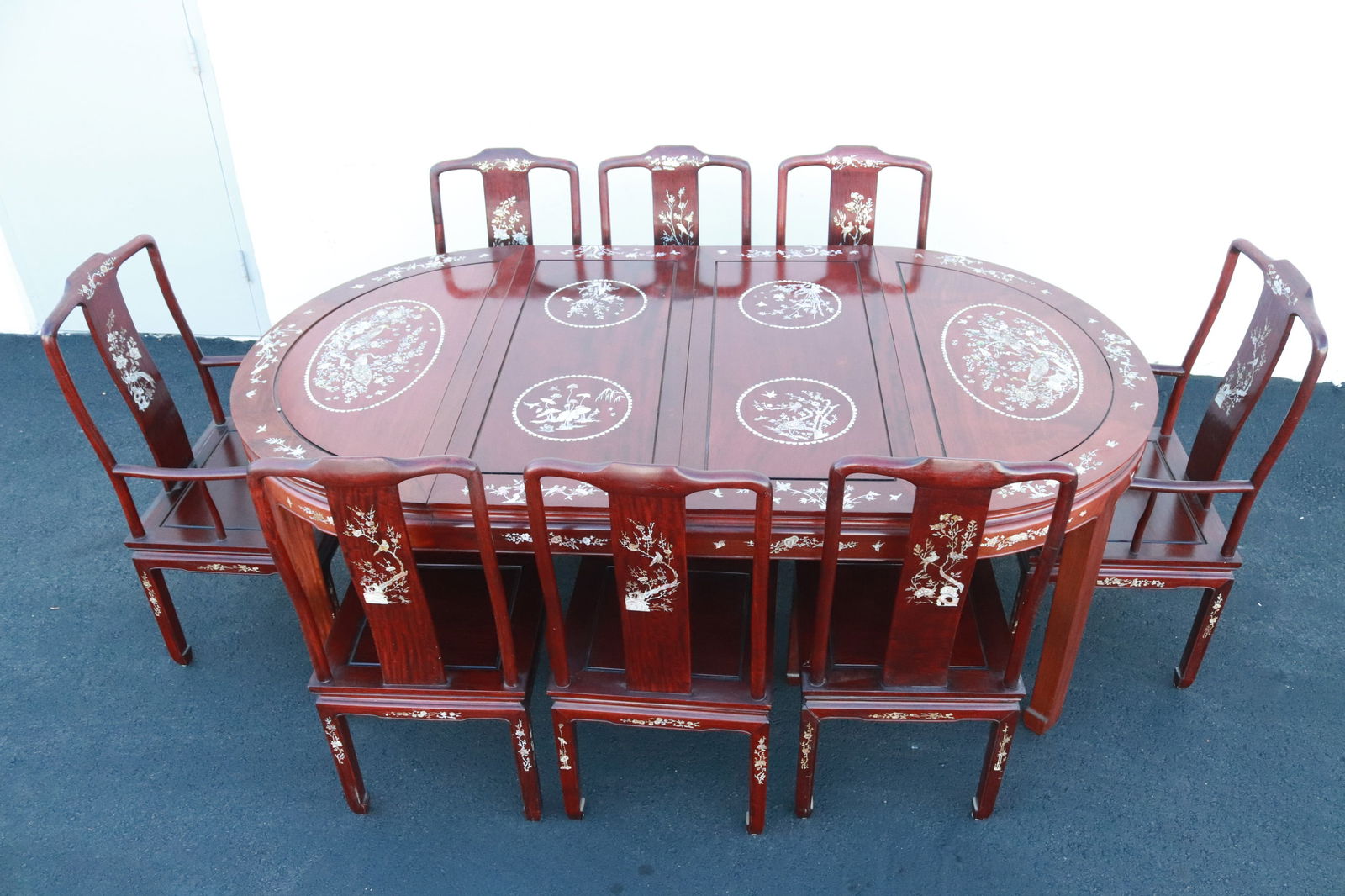 Chinese rosewood dining room set w/ MOP inlaid: Fine Chinese 9 pieces rosewood dining room set with mother of pearl inlaid, with dining table (30.8"x79"x43.8") (2 ext. boards (17.8"x43.8" ea)), 8 chairs (39.7"x17"x18" - 39.7"x21.8"x20.2") (includin
