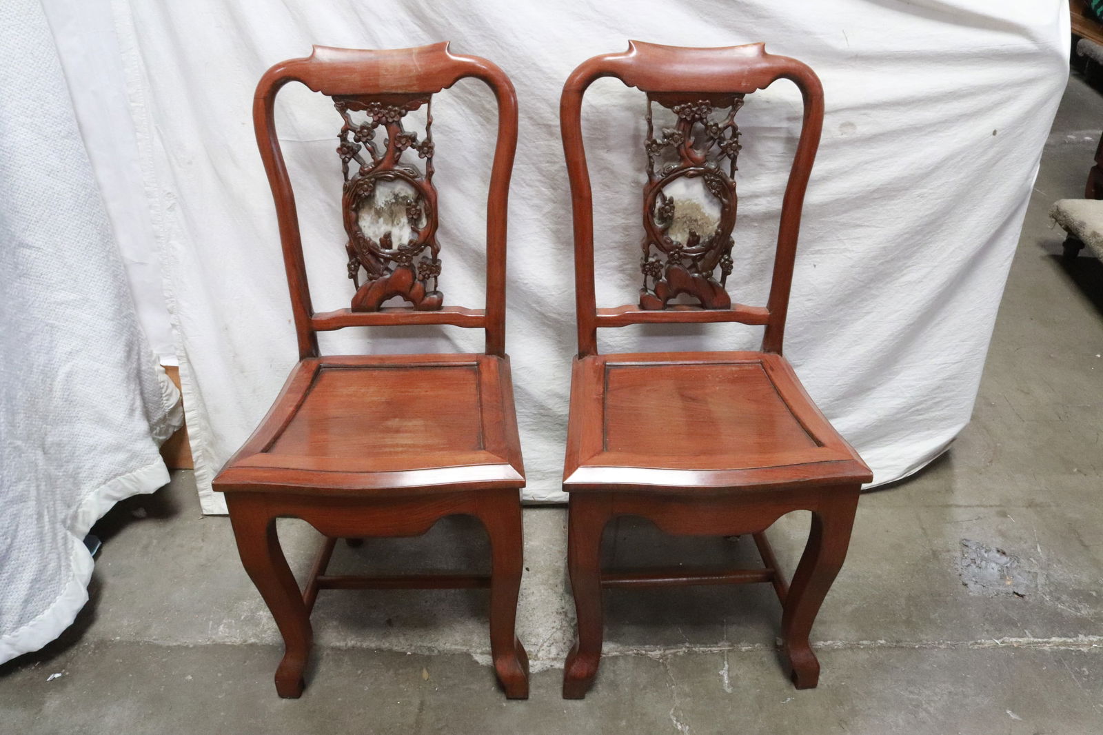Pr Chinese vintage rosewood chairs w/ marble inset (1 of 11)
