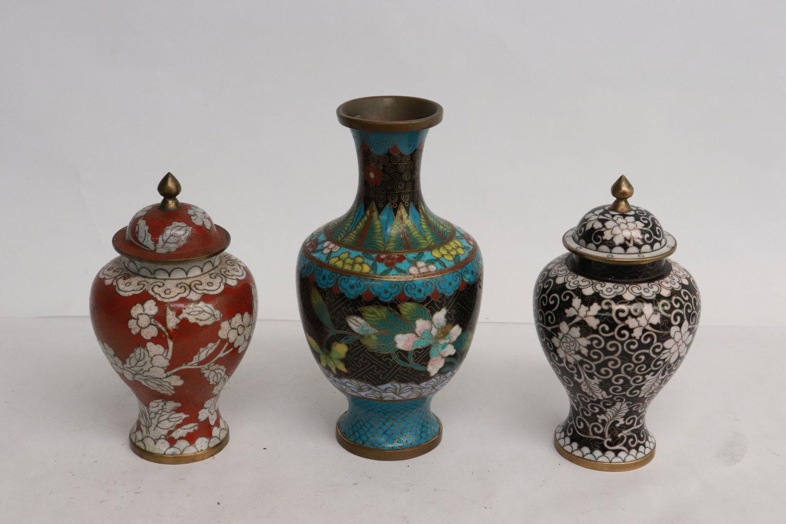 3 pieces cloisonne; 2 covered jars, and a vase (1 of 11)