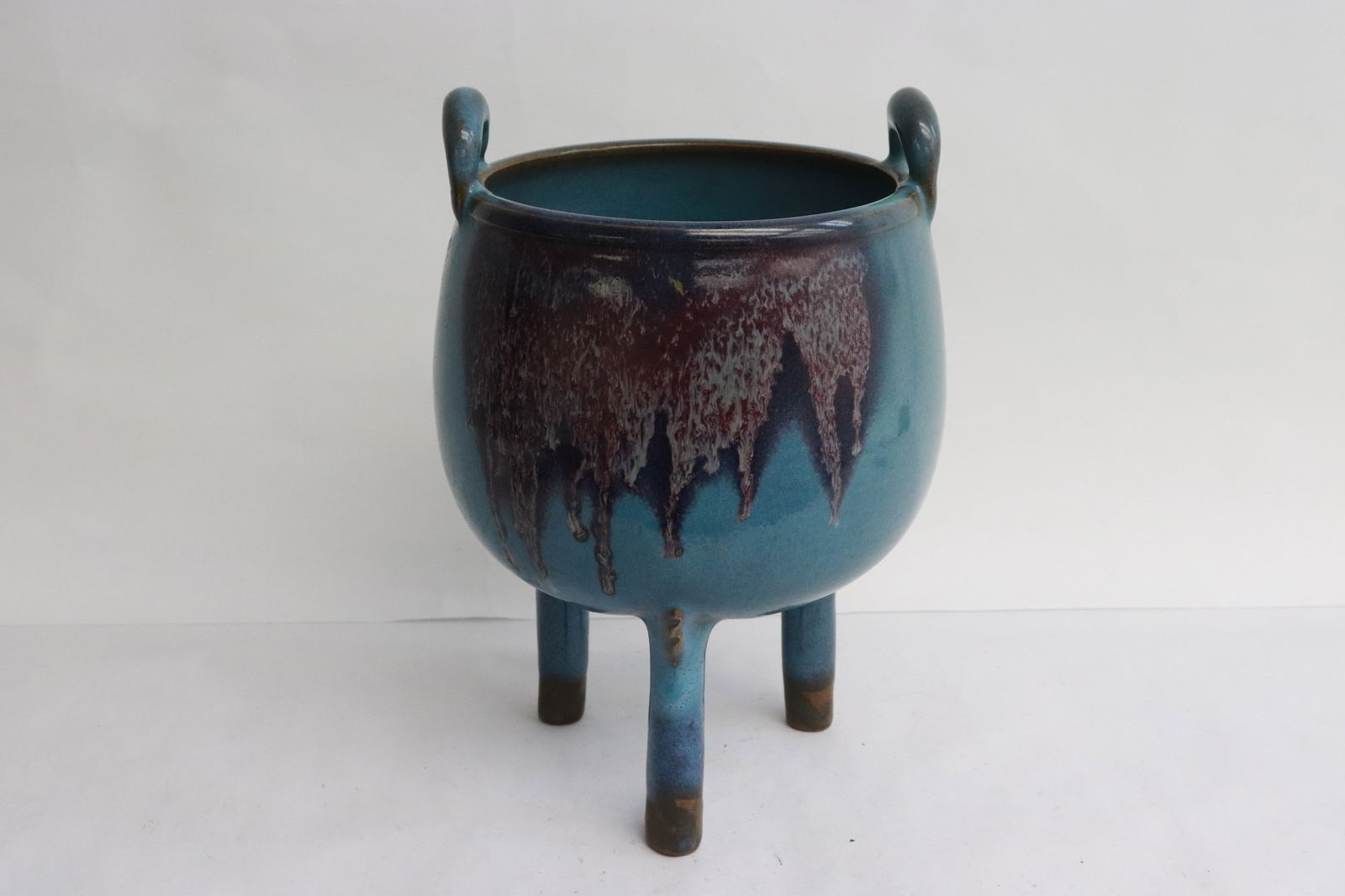Fine large purple on blue porcelain tripod censer: Fine large purple on blue porcelain tripod censer, 8.75"x6.1"dia