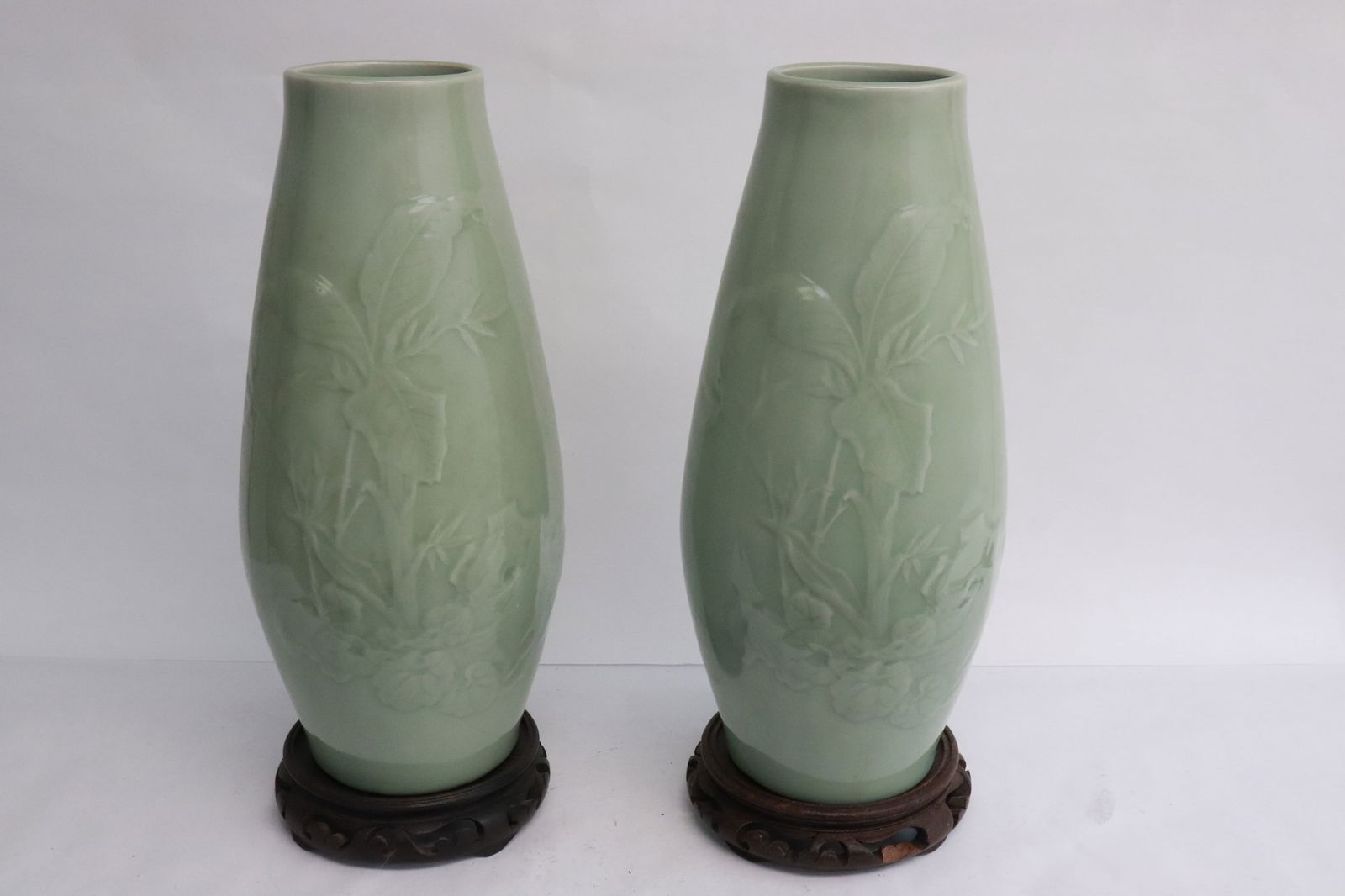 Pair large celadon porcelain vase: Pair large celadon porcelain vase, 13"x6.1"dia ea
