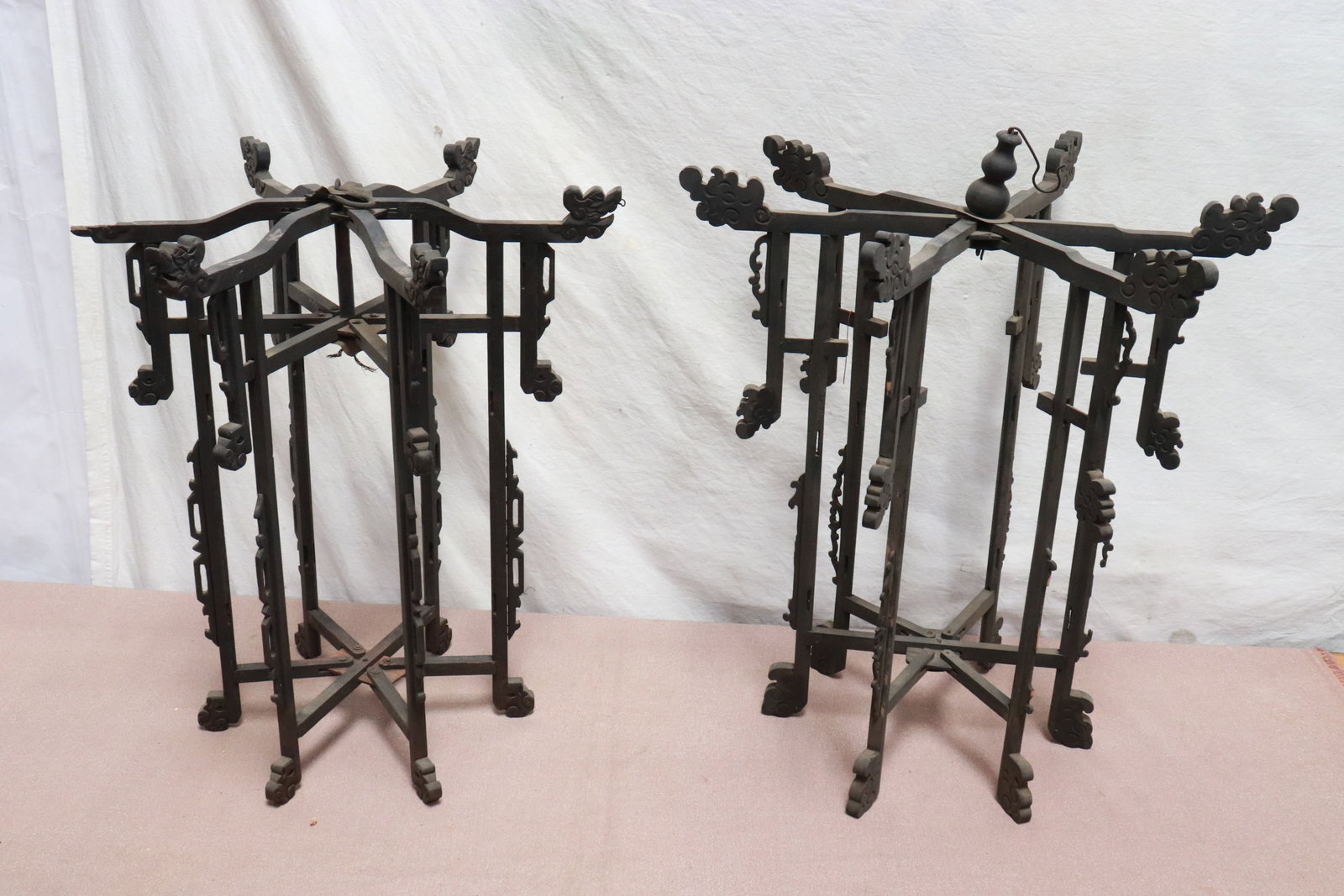 Pair Chinese antique lantern frames: Pair Chinese antique lantern frames, no glass panels, 19.65"x17.3"x17.3", 21.8"x18.7"x18.7"